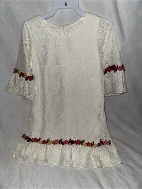 Cream Lace Girls Dress with Embroidered Floral Trim